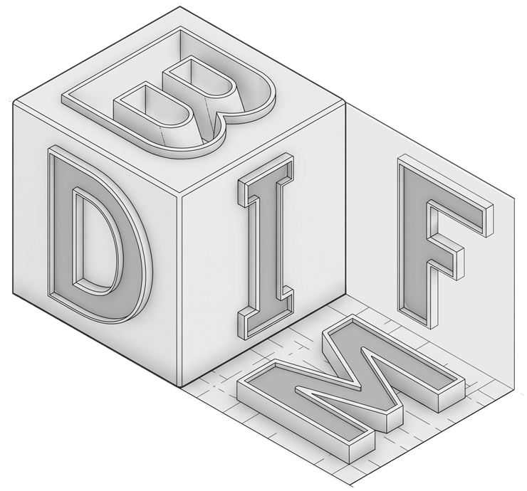 Logo de BIMDIF: un cubo isométrico con las letras B, I, M, D, I y F en relieve